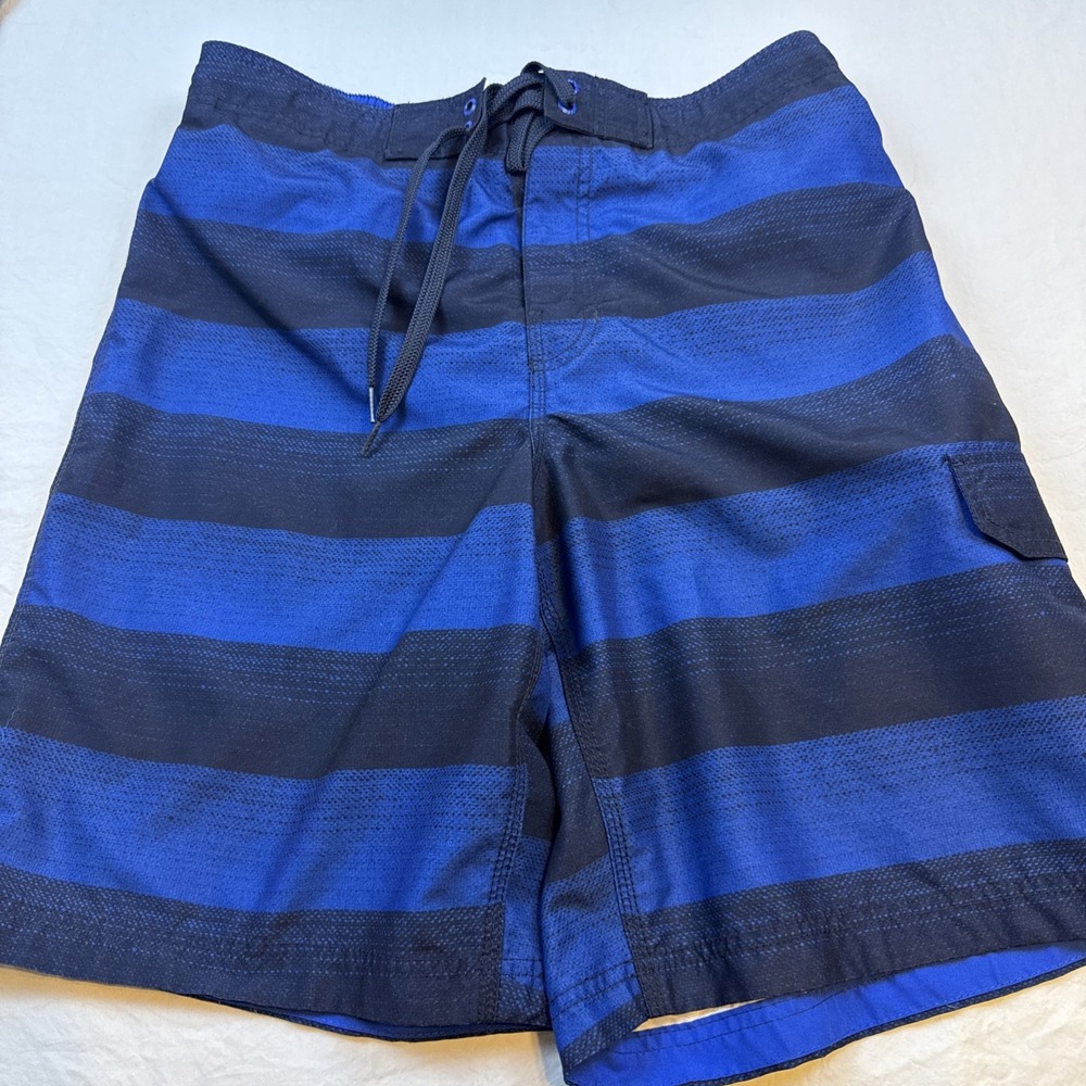 Speedo Swim Trunks MENS LARGE Board Shorts with Pocket Black BLUE WIDE STRIPES